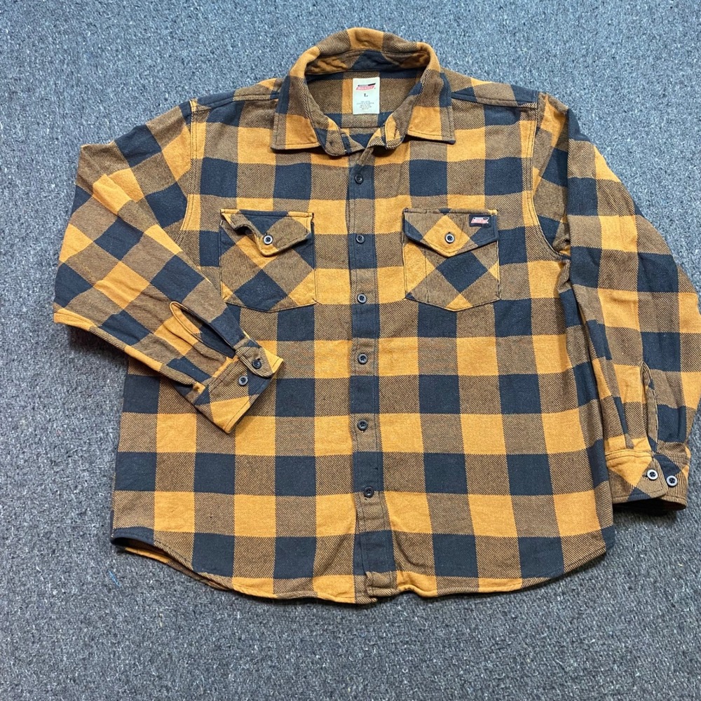 Dickies Flannel Shirt Sz L Mens Yellow Black Plaid Skater Grunge Workwear